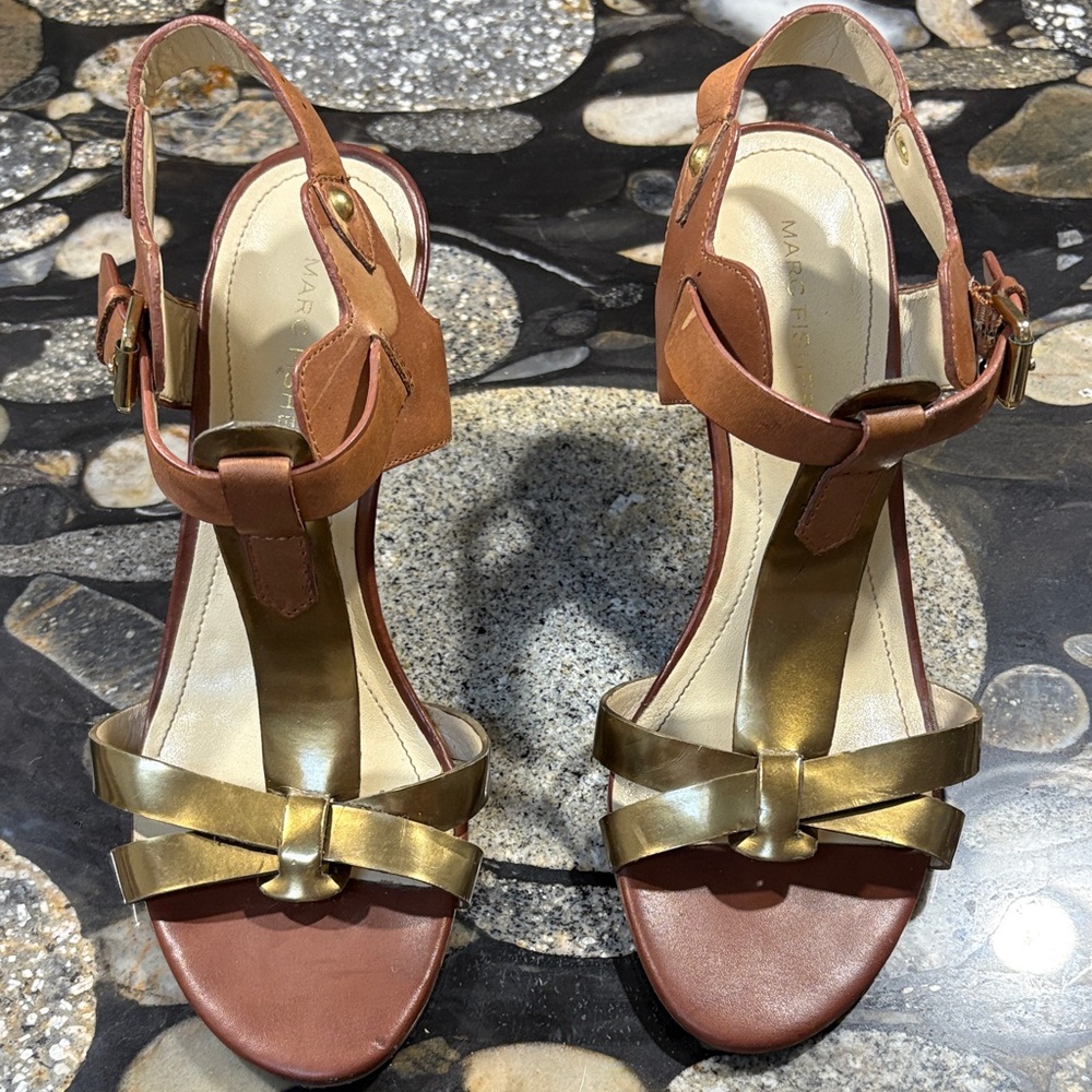 Marc Fisher Tan and Gold Women's Sandals